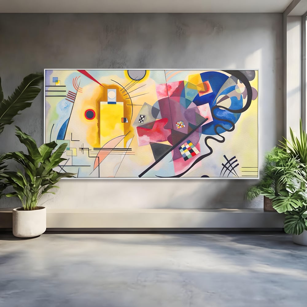 Tablou canvas cu pictura abstracta cu forme geometriche si linii, in rama de aluminiu argintiu